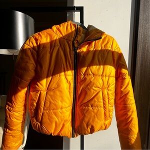 yellow - orange cropped puffer with hood